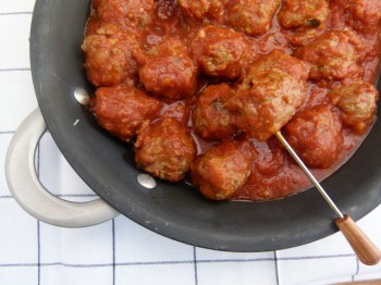 meatballs in pan on napkin superbowl