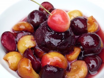 marinated cherries with blueberry sorbet and cherry brandy whipped cream