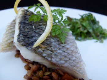 crispy and shiny loup de mer with Umbrian lentils by Chef Morgan