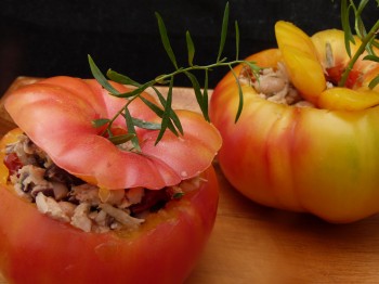 fresh stuffed heirloom tomatoes with tuna, Cannellini beans and tarragon