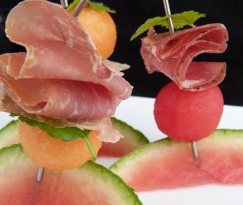 melon and herb skewers with prosciutto and lomo