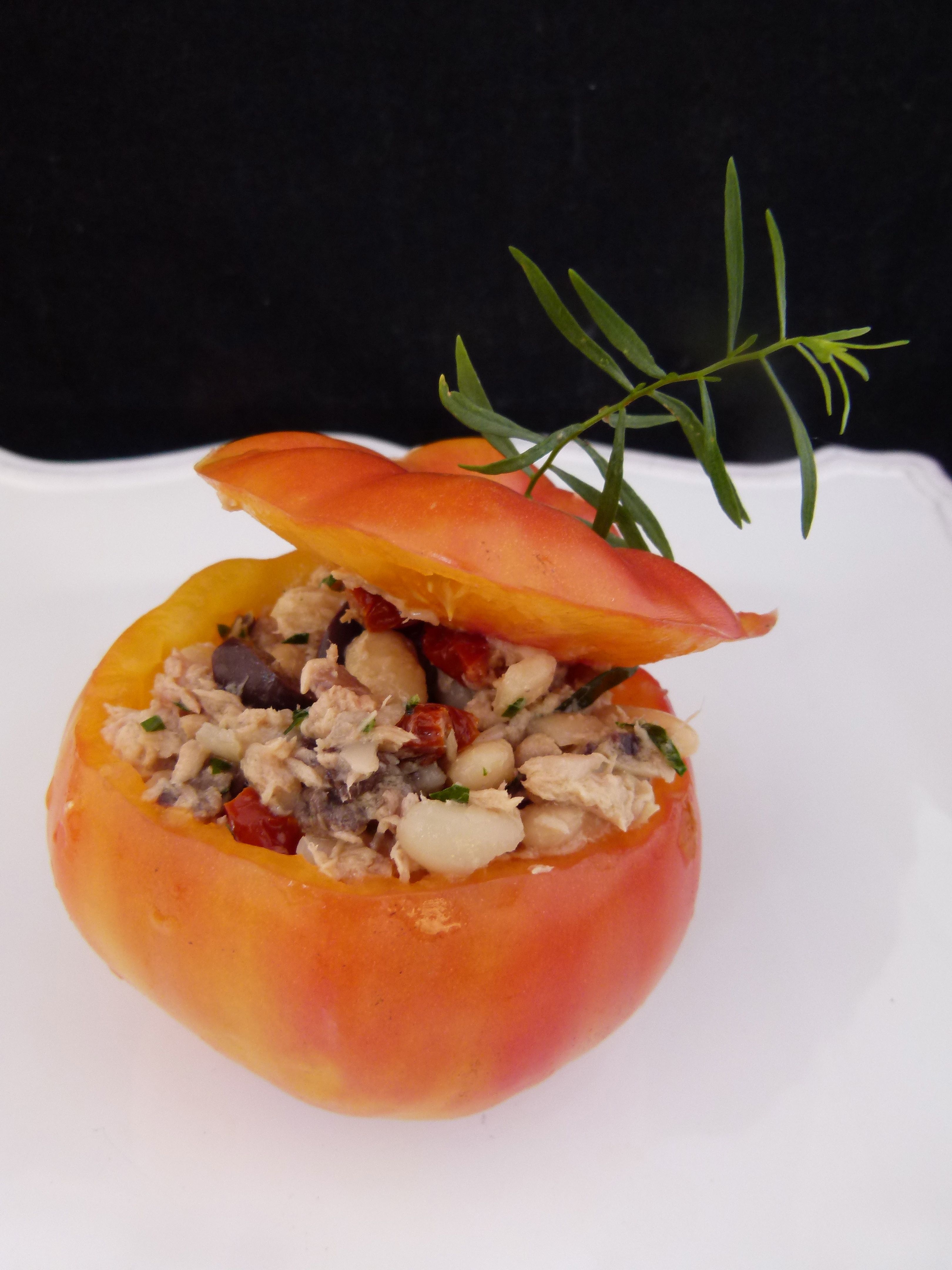 fresh stuffed heirloom tomato with tuna, Cannellini beans and tarragon