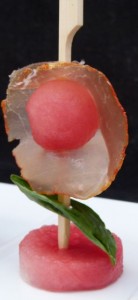 fresh melon, herb and prosciutto skewer