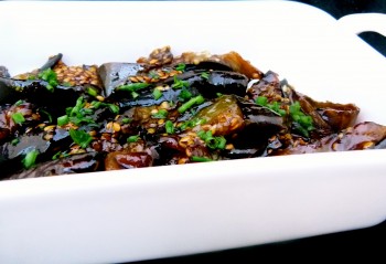  honey and soy-roasted eggplant with flaxseeds