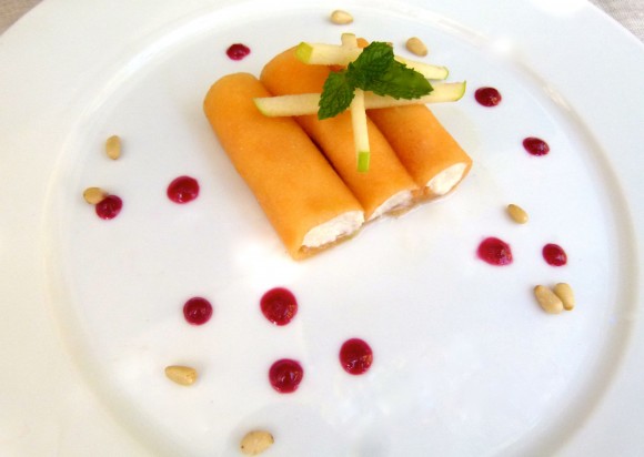  cantaloupe and honey-ricotta cannoli (with raspberry coulis)  