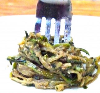 seafood “zucc-ghetti“with fresh herb and walnut pesto zucchini pasta