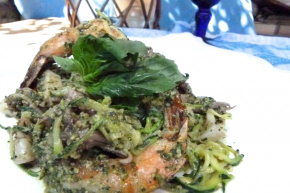 seafood “zucc-ghetti“  ( zucchini spaghetti ) with fresh herb and walnut pesto