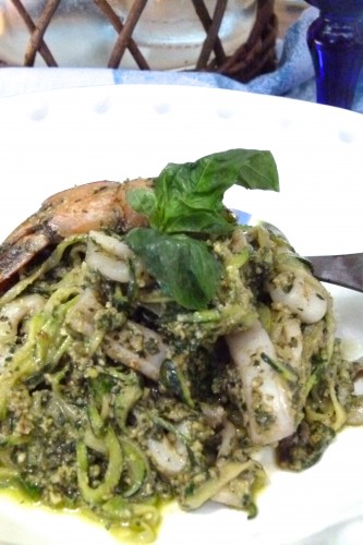 seafood “zucc-ghetti“  ( zucchini spaghetti ) with fresh herb and walnut pesto