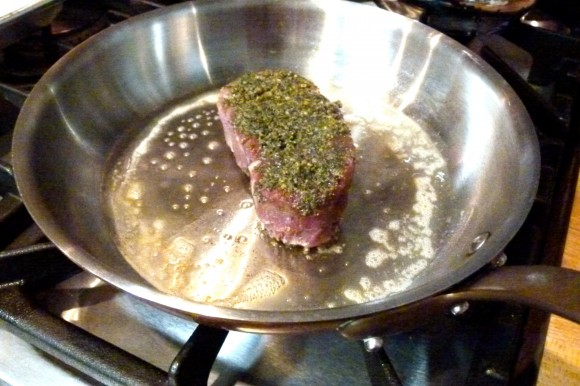 pan sear steak au poivre vert