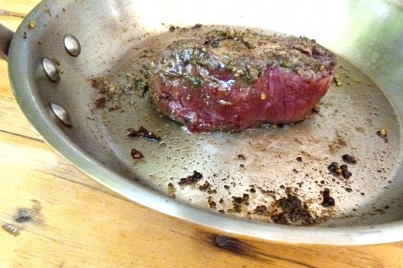 cooked pan sear steak au poivre vert