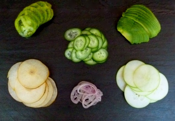 apples, pears, and cucumbers, shallot, avocado and tomato