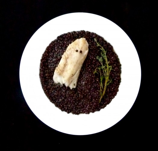 ghostly fish in black lentil night sky (braised black cod on Beluga lentils with fresh thyme)