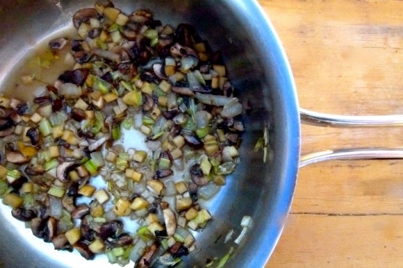 mushroom and leek purée cooking in pan