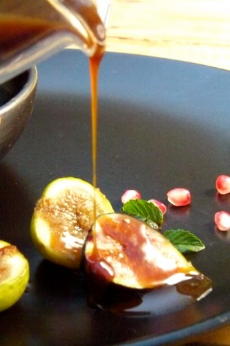 fresh autumn figs with balsamic caramel,  fleur de sel and pomegranate seeds  
