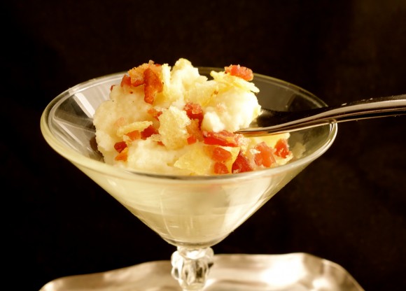 celeriac purée with crumbled bacon and potato chips
