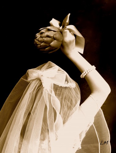 black and white, girl in wedding dress with artichoke bouquet 