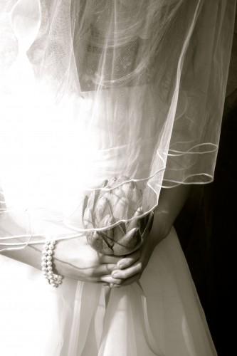 black and white, girl in wedding dress with artichoke bouquet 