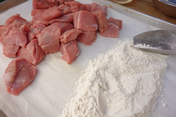 veal cubes next to salt a flour combination 