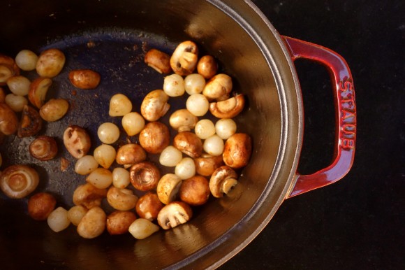 browned pearl onions and white mushrooms