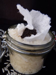 Black truffles stored in jar with white rice 