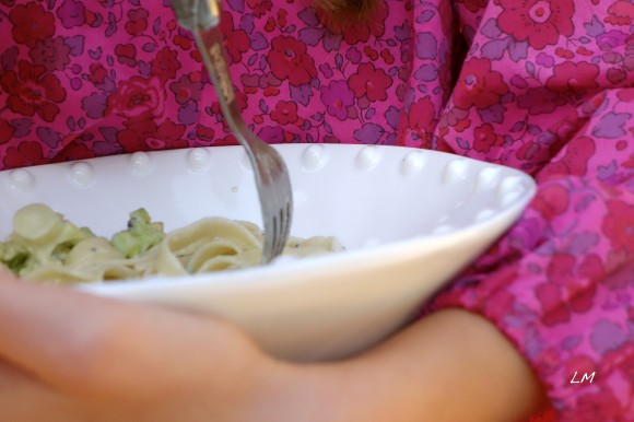 child with Romanesco Cauliflower fettechini with Gorgonzola  for Mardi Gras