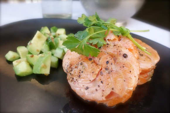 pan-seared salmon circles (tournedos de saumon)   with avocado