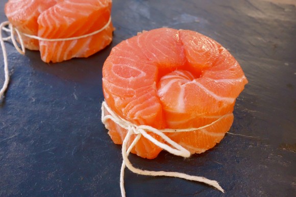 salmon filets tied in circles