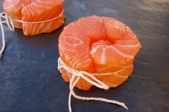 salmon filets tied in circles